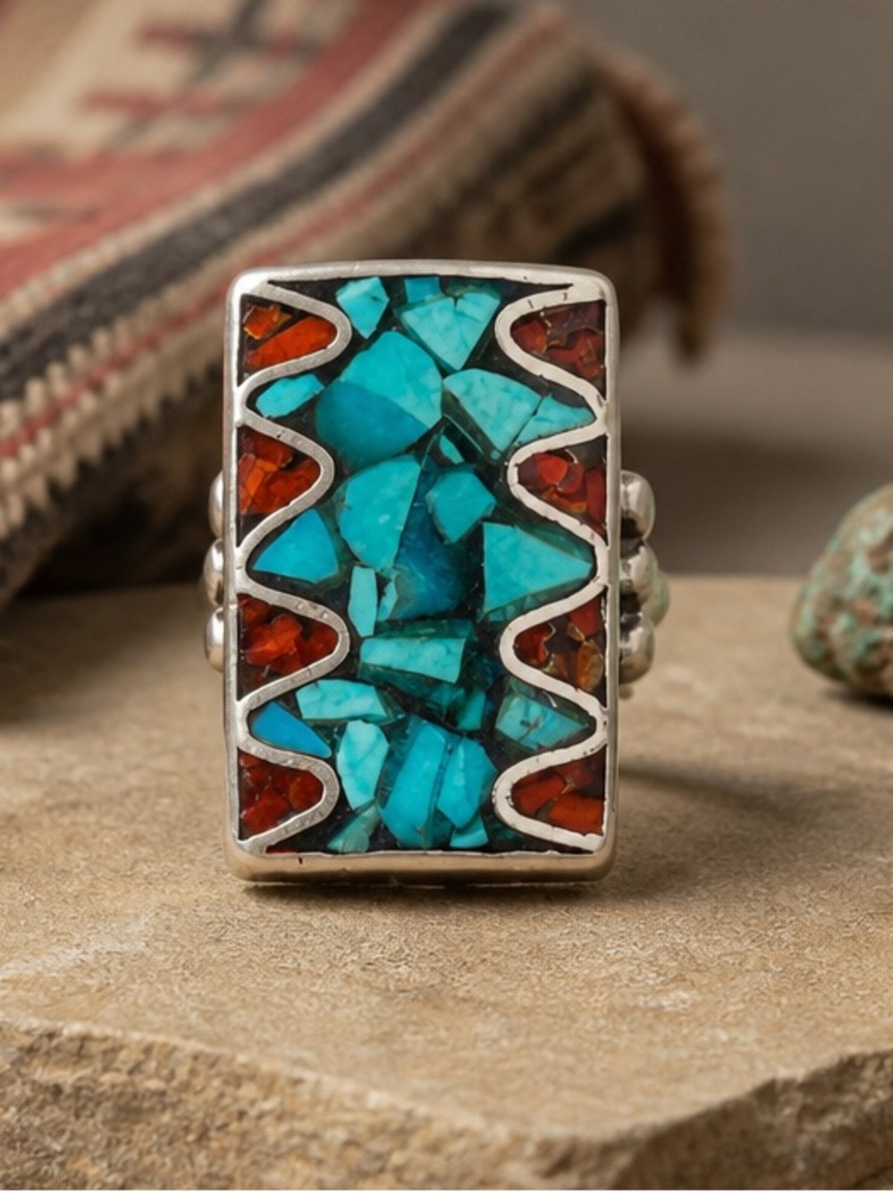 Estate Handmade Triple Bypass Inlaid Ring Sz 5.5